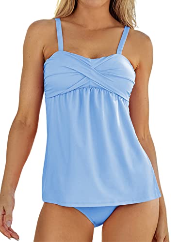 Aleumdr Women's 2pcs Swing Tankini Triangle Briefs Swimsuit Light Blue X-Large