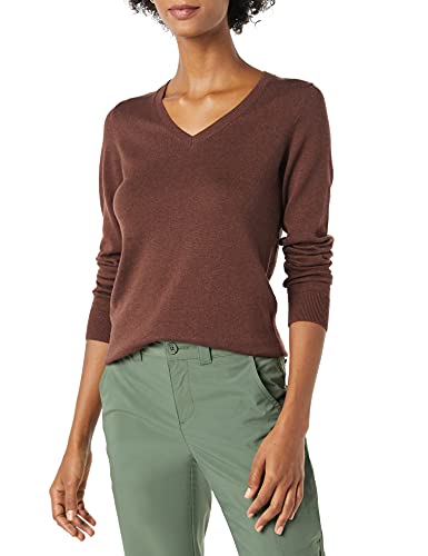 Amazon Essentials Women's Classic-Fit Lightweight Long-Sleeve V-Neck Sweater (Available in Plus Size), Dark Chestnut Brown Heather, Large