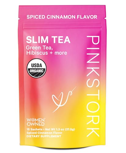 Pink Stork Organic Slim Tea - Dandelion Root, Green Tea, Ginger and Hibiscus for Detox, Bloating Relief, Metabolism Support, and Energy - Approximately 35 mg Caffeine - 15 Sachets