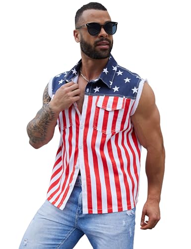 Yuanbang Men's Casual Lapel Sleeveless Denim Vest Jacket Stretch American Flag Shirt Biker Vest 2 Front Pockets(Flag,m)