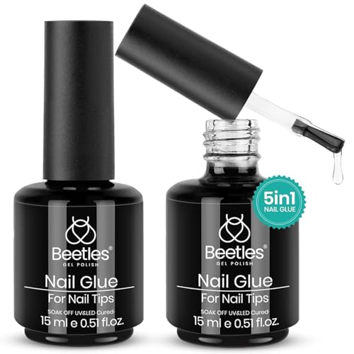 beetles Gel Polish 5 In 1 Nail Glue and Base Gel Kit for Acrylic Nails,2 Pcs 15ml Super Strong Brush in Nail Gel Glue for False Nails Tips and Gel Nail Polish Led Lamp Required Nail Art Gift