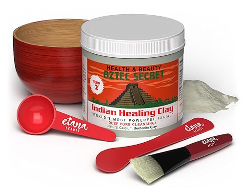 Aztec Secret Essential Indian Clay Mask Kit by Etana – 100% Natural Calcium Bentonite for Deep Pore Cleansing - Facial, Hair & Body Detox Set Wtih Accessories