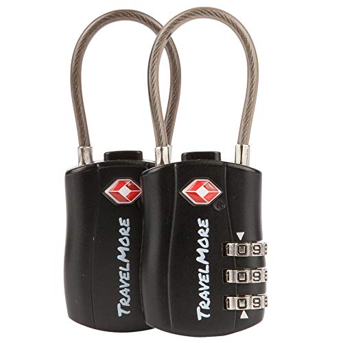 2 Pack TSA Approved Travel Combination Cable Luggage Locks for Suitcases & Backpacks - Black