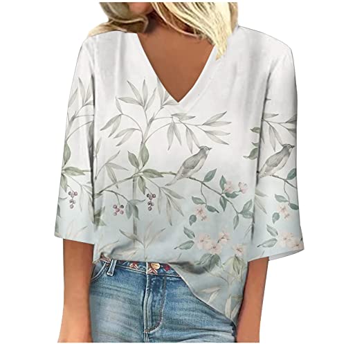 Sales Today Clearance Crop Tops for Women White Graphic Tees Trendy Womens Summer Tops Blouse Casual Loose 3/4 Sleeve Shirts Floral Print V Neck Trendy T-Shirts Tees Blue Summer 2024 (MT GrE，M)