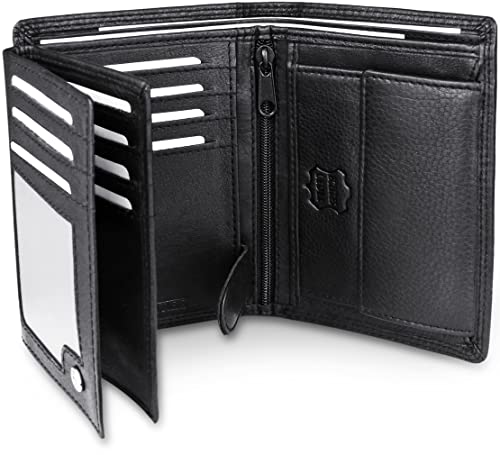 Frentree Mens Nappa Leather Wallet, 15 card slots Trifold with RFID Protection, portrait format Wallet, Black