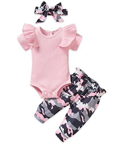 Unutiylo Newborn Baby Girl Clothes Infant Outfits Ribbed Romper Bodysuit Pants Set Ruffle Romper Tops Short Sleeve Pink Camo Clothes Set Baby Girl Spring Summer Outfits t 0-3 Months