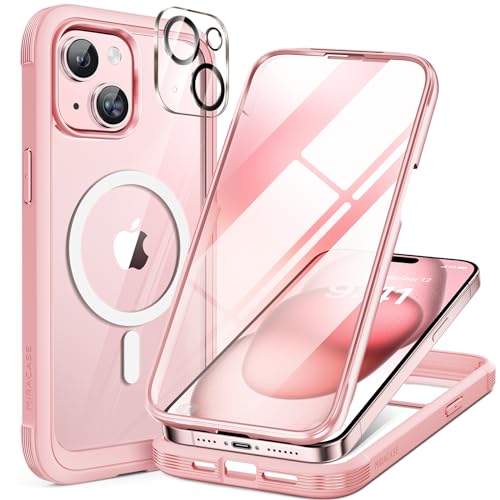 Miracase Glass Series for iPhone 15 Case [Compatible with MagSafe] Full-Body Magnetic Case with Built-in 9H Tempered Glass Anti-Fingerprint Screen Protector + Camera Lens Protector, Pink and Clear