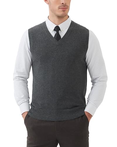 Kallspin Men's Wool Blend Vest Sweater Relaxed Fit V Neck Sleeveless Knitted Pullover (Charcoal, Large)