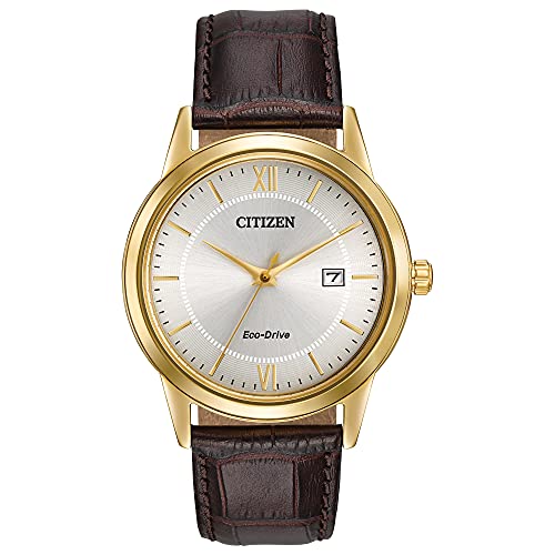 Citizen Men's Classic Eco-Drive Leather Strap Watch, 3-Hand Date, Luminous Hands and Markers, Brown Strap/ Gold Tone