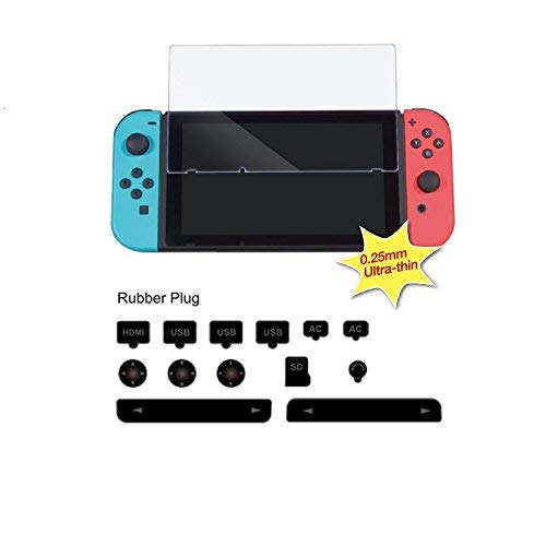 Althemax dust caps cover & tempered glass screen protector set package HDMI USB AC joystick SD headphone ports Caps for Nintendo Switch