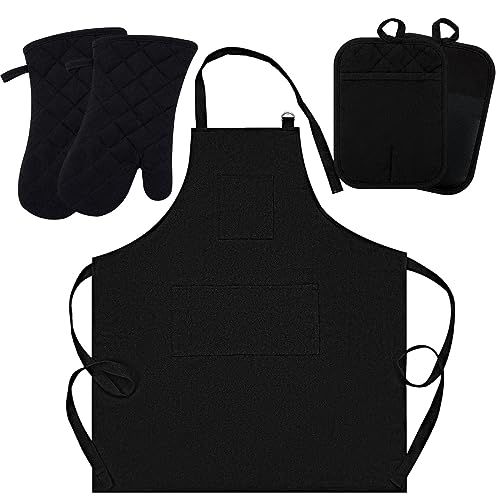 Oven Mitts and Pot Holders with Cooking Apron set of 5, Heat Resistant Kitchen Gloves and Silicone Non-Slip Potholders, Adjustable Neck Buckle Chef Apron, Cotton Nice Design for Cooking (Black)