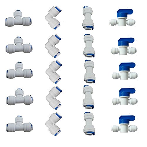 Liimevvon 1/4' OD Quick Connect Push In to Connect for RO Water Reverse Osmosis System Water Tube Fitting Set Of 20 (ball valve+T+I+L Type Combo)