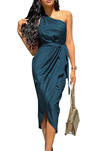 PRETTYGARDEN Women's 2024 Summer Ruched Bodycon Dress Sleeveless One Shoulder Wrap Satin Belted Cocktail Midi Dress(Dark Blue,Large)