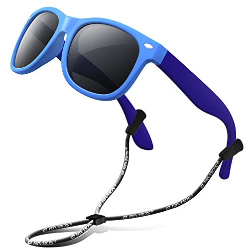 RIVBOS Kids Sunglasses Polarized UV Protection Flexible Rubber Glasses Shades with Strap for Boys Girls Age 3-10 RBK004-2 Blue&Blue