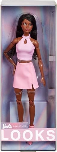 Barbie Looks Doll, Collectible No. 21 with Black Braids and Modern Y2K Fashion, Pink Halter Top and Faux-Leather Skirt with Ankle Boots