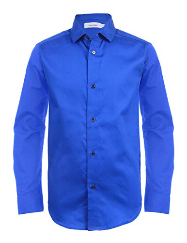 Calvin Klein Boys' Long Sleeve Sateen Dress Shirt, Button-down Style With Buttoned Cuffs & Shirttail Hem, Dark Blue, 14