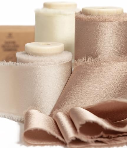 Vitalizart Silk Satin Ribbon 1-1/2 inch x 15 Yard with Wooden Spool Champagne & Nude Handmade Frayed Ribbons for Gift Wrapping Baby Shower Wedding Bridal Bouquets Holiday Decor