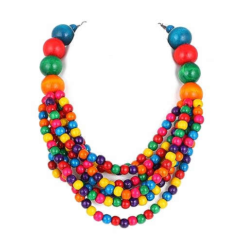 Kiszu 7 Layered Wood Beads Strand Statement Choker Necklace for Women, Africa Large and Small Round Chunky Necklace, Ethnic Colorful Bead Layered Bib Collar Necklace Hip Hop Jewelry