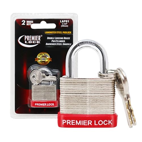 Premier Lock LAP01 Laminated Steel Padlock with Vinyl Bumper and 2-Brass Keys, 1-1/4-Inch, Nickel Plated