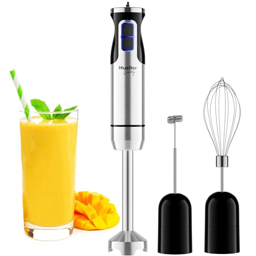 MuellerLiving Hand Blender, Immersion Blender, Hand Mixer with Attachments: Stainless Steel Blade, Whisk, Milk Frother