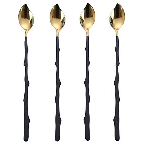 HISSF Iced tea spoons, 18/10 Stainless Steel Stirring Spoons, Leaf Shaped Spoon, 8.66inch (Black & Gold, 4 Pcs)