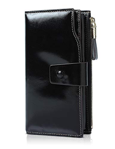 Demon&Hunter Women's RFID Blocking Large Capacity Luxury Wax Genuine Leather Purse Wallet Elegant Black DZA2083B
