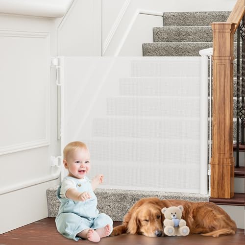 Retractable Baby Gates Extra Wide, PRObebi Retractable Dog Gate for The House Extends to 54' Wide 34' Tall, Gates for Baby Indoor, Stair Gate for Outdoor, Staris, Hallways, Doorways, Deck, Porch