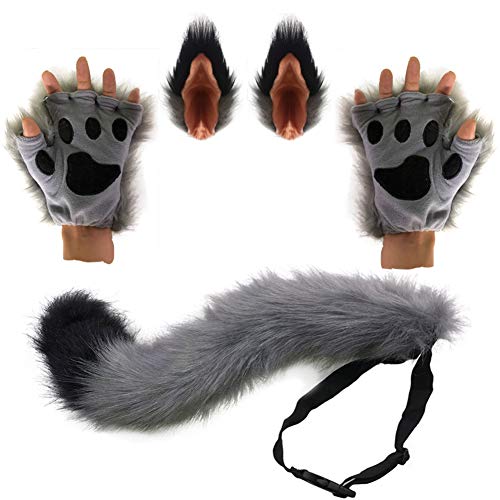 HAOAN Wolf Fox Tail Clip Ears and Gloves Set Halloween Christmas Fancy Party Costume Toys Gift for Women and Man Gray
