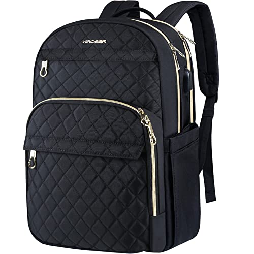 KROSER Laptop Backpack 15.6 Inch Stylish Daypack with USB Charging Port, Water-repellent Nylon Backpack Backpack for Travel/Business/Women/Black