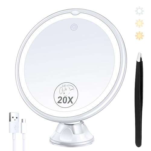 B Beauty Planet Rechargeable Magnifying Mirror with Light, 20X Lighted Makeup Mirror, 3 Color Magnifying Makeup Mirror with 34 LEDs Light, 360° Rotation Vanity Mirror with Light, 1500 mAh 8 in