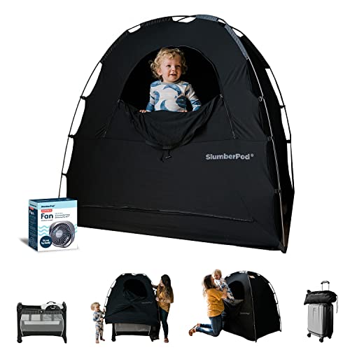 SlumberPod The Official Blackout Sleep Tent for Pack and Play, Mini Cribs and Travel Cribs, Blackout Canopy Crib Cover, Sleep Pod for Kids with Monitor Pouch and Fan Pouch (Includes Fan), Black/Grey