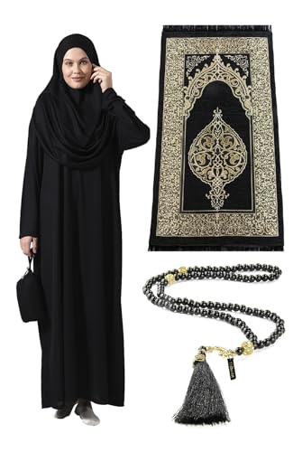 Muslim Dresses for Women, One-Piece Long Sleeve Islamic Prayer Dress with Prayer Rug & Beads, Abaya Prayer Set, Islamic Gift Set for Women, Black, Standart Sizes: 2-12 (XS-XXL)