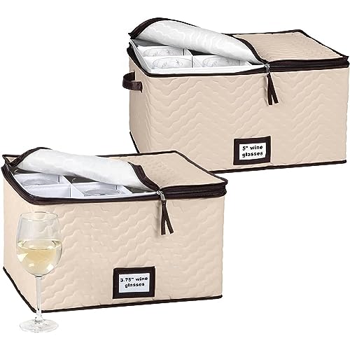 Wine Glass Storage with Dividers - (Pack of 2 Sizes) Each Holds 12 Standard Size Glasses up to 10' H - Stemware Storage Case, Protects Fine China, Quilted Microfiber Bin and Carry Handles