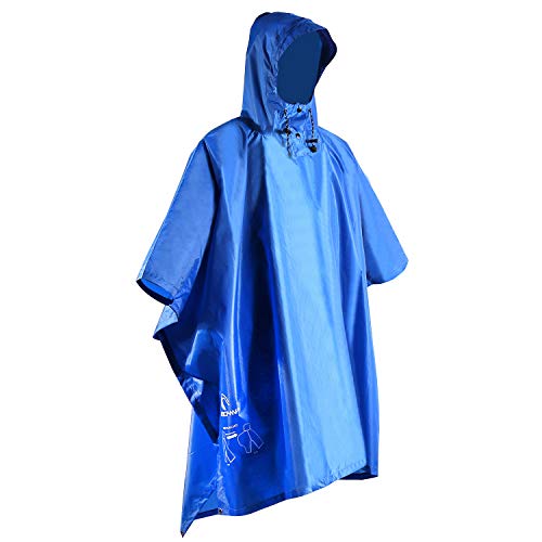 REDCAMP Waterproof Rain Poncho, Camping Hiking Rain Jacket with Drawstring Hood 3 in 1 Multifunctional Lightweight Reusable Raincoat for Men Women Adults Blue