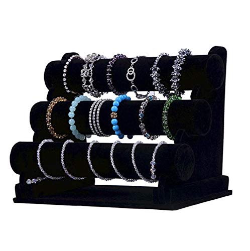 COMELYJEWEL 6.7'(D) X12.2(W) X9.8(H) Three tier bracelet display Black Velvet T-Bar Bracelet holder Bangle Jewelry display Hovering For Women Home Organization Necklace Watches Stand