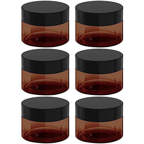 4 oz Amber Plastic Cosmetic Jars Leak Proof Container with Black Lid for Cream, Lotion, Powder, ointment, Beauty Products etc, 6 Pcs.