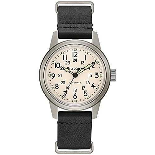 Bulova Men's Military Heritage Hack Stainless Steel 3-Hand Automatic Watch, NATO Leather Strap, Luminous Hands and Markers, Black Leather/Ivory Dial
