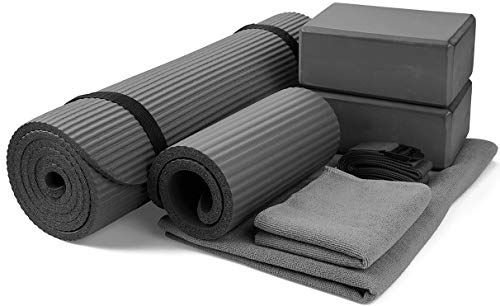 BalanceFrom 7-Piece Set - Include Yoga Mat with Carrying Strap, 2 Yoga Blocks, Yoga Mat Towel, Yoga Hand Towel, Yoga Strap and Yoga Knee Pad (Gray, 1/2'-Thick Mat)
