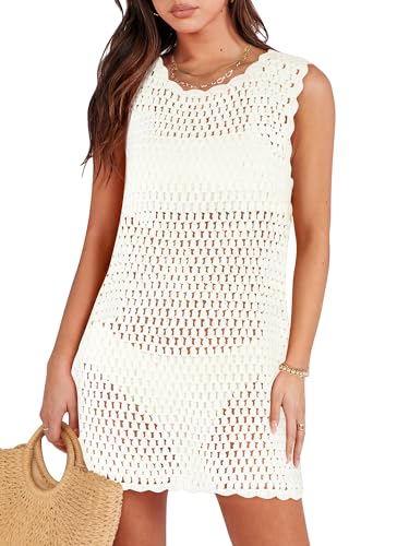 ANRABESS Swimsuit for Women 2024 Spring Travel Outfits Crochet Swim Cover Up Tops Summer Beachwear Bathing Suit Swimwear Sexy Mesh Knit Coverups Summer Beach Dress Fashion Clothes 1105baise-M