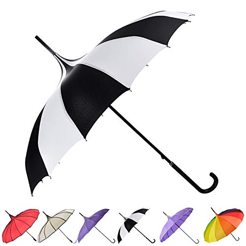 Umbrella Retro Pagoda Umbrella Parasol Umbrella Sun Umbrella UV Protection Umbrella Retro with Hook Handle (White & Black)2