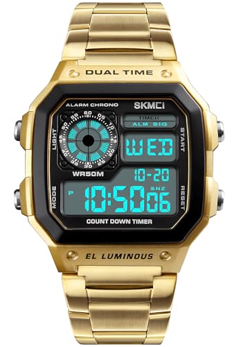 PASOY Men's Gold Digital Watches for Men Stainless Steels Alarm Stopwatch Countdown Outdoor Sports Waterproof Watch (Gold)