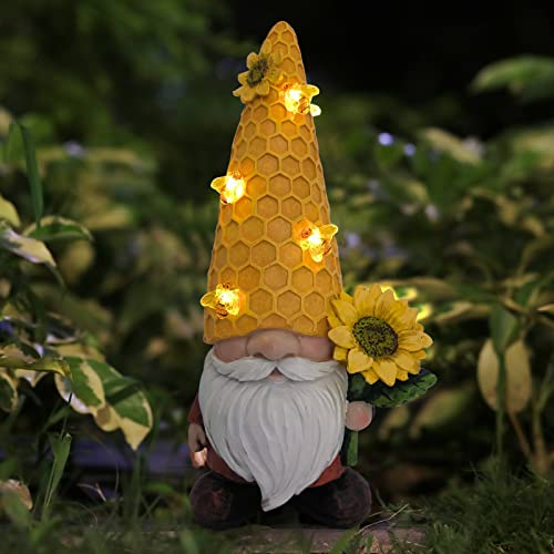 REYISO 12.3''Solar Gnomes Garden Statues for Garden Decor with Mom Gifts,Easter Gnomes Outdoor Decor with Solar Bee Lights-Unique Sunflower Gifts for Women Mom,Yard Art Sculptures for Patio Lawn Yard
