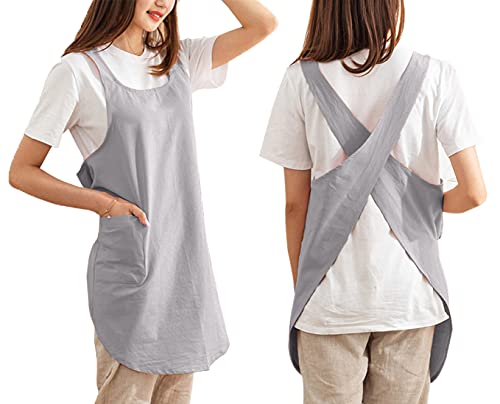 Cotton Cross Back Aprons Solid Color Cooking Kitchen Garden Smock for Women Girls with Pockets (Lightgrey, 37Wx 32L)