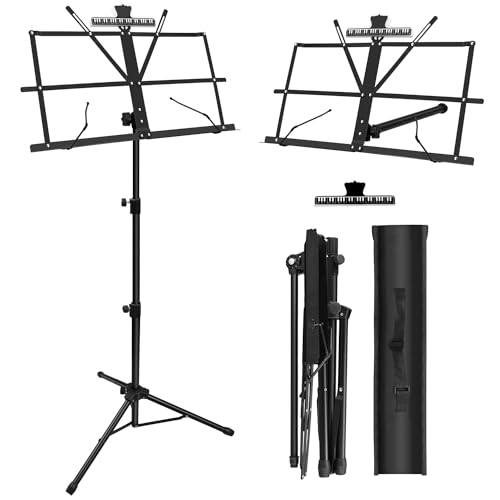 1/2/4 Pack Music Stand, 2 in 1 Dual-Use Folding Sheet Music Stand, Lightweight Portable Adjustable Desktop Book Stand with Music Sheet Clip Holder & Carrying Bag(1 Pack Black)