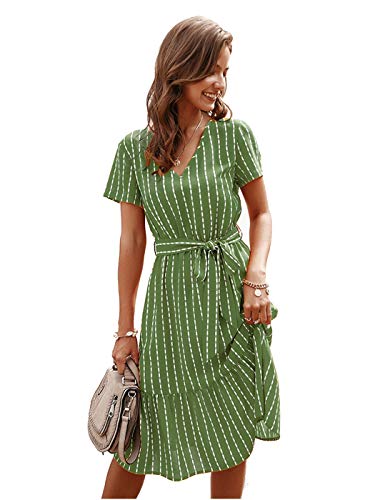 Anna-Kaci Women's Vertical Striped Short Sleeve Ruffle Flowy Swing Dress with Belt, Green, Large