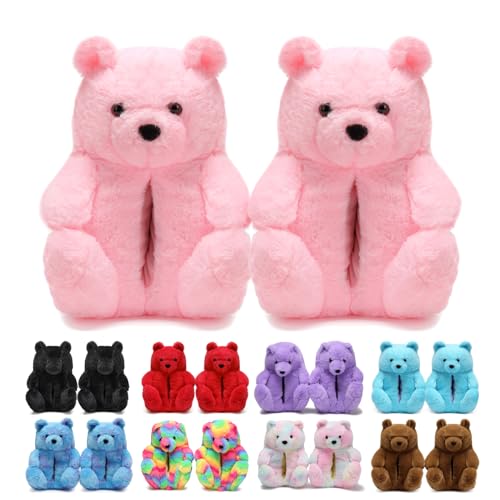 DOVORSY Teddy Bear Slippers for Women Fluffy Bear Shoes Plush Animal Bears Sneaker Winter Warm Fluffy Slides For Girls Christmas Holiday Birthday Valentine Gifts Pink