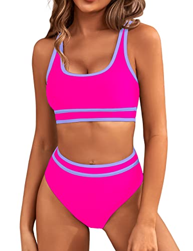 BMJL Women's High Waisted Bikini Sets Sporty Two Piece Swimsuits Color Block Cheeky High Cut Bathing Suits(L,Hot Pink)