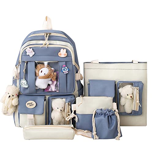 VUKLSAU Kawaii Backpack 5Pcs Set Aesthetic School Bags 17in Cute Bookbag with Badge&Pendant,Shoulder Bag,Pencil Box,Tote Bag,Small Bag Blue