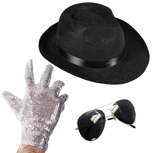 Funny Party Hats - Michael Jackson Costume - Set of 3 - Fedora Hat Sequin Glove and Sunglasses (Fedora Michael Jackson Hat Sequin Michael Jackson Glove and Black Sunglasses)