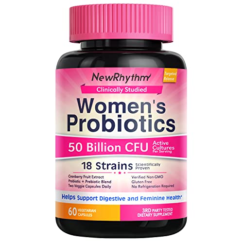 NewRhythm Women's Probiotics, Organic Cranberry for Feminine Health, 50 Billion CFU 18 Strains, Probiotics with Prebiotics, No Refrigeration Needed, 60 Vegan Capsules